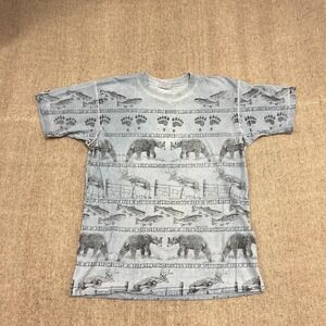 Vintage Nature Shirt Mens Large Blue 90s Animals Art Outdoors All Over Print